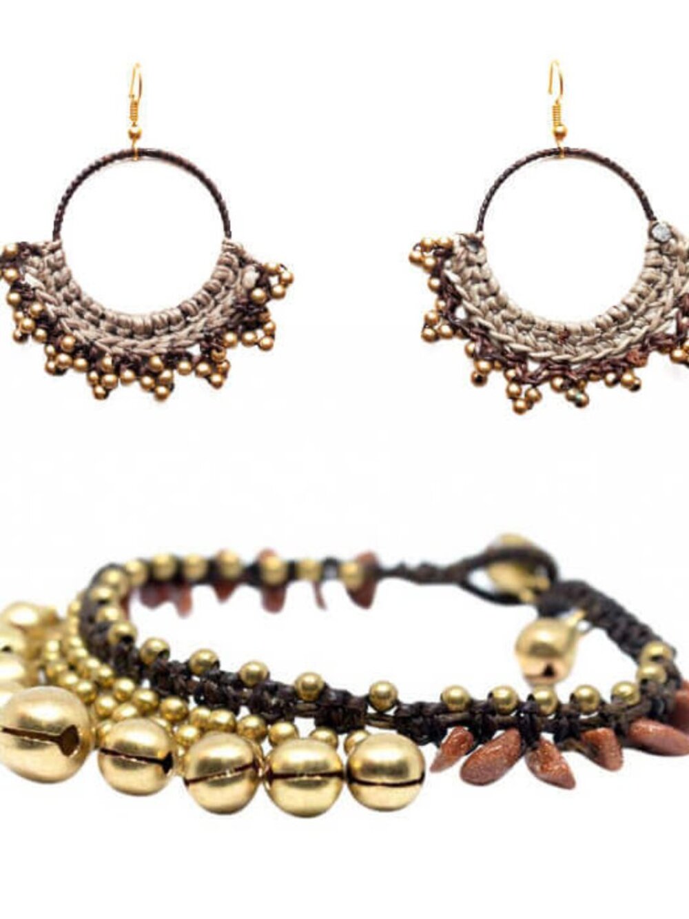 Handcrafted Brass Bead Boho Earrings & Waxed Cord Bracelet